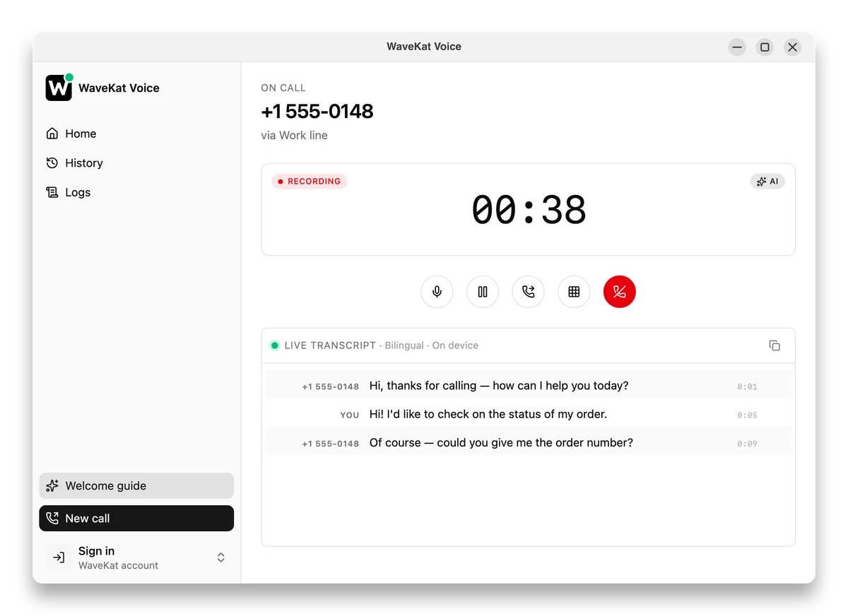 WaveKat Voice on the desktop during a live call — the dialpad and call controls, with the live transcript running alongside.